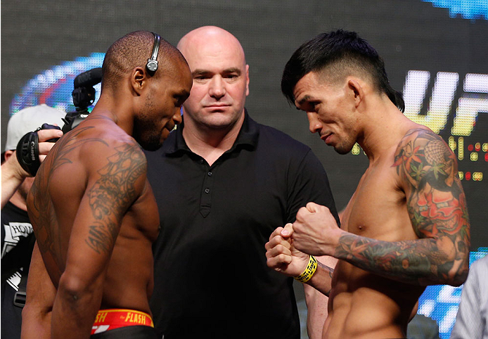 LAS VEGAS, NV - JULY 04: (L-R) Marcus Brimage faces off with Russell Doane during the UFC 175 weigh-in inside the Mandalay Bay Events Center on July 4, 2014 in Las Vegas, Nevada. (Photo by Josh Hedges/Zuffa LLC/Zuffa LLC via Getty Images)