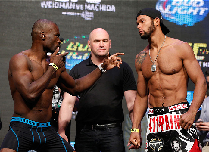 LAS VEGAS, NV - JULY 04: (L-R) Uriah Hall faces off with Thiago Santos during the UFC 175 weigh-in inside the Mandalay Bay Events Center on July 4, 2014 in Las Vegas, Nevada. (Photo by Josh Hedges/Zuffa LLC/Zuffa LLC via Getty Images)