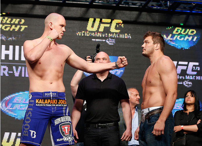 LAS VEGAS, NV - JULY 04: (L-R) Steven Struve faces off with Matt Mitrione during the UFC 175 weigh-in inside the Mandalay Bay Events Center on July 4, 2014 in Las Vegas, Nevada. (Photo by Josh Hedges/Zuffa LLC/Zuffa LLC via Getty Images)
