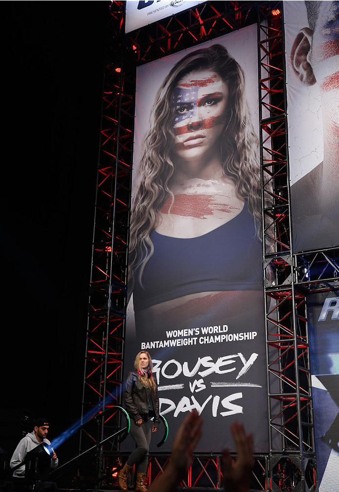LAS VEGAS, NV - JULY 04: UFC Women's Bantamweight Champion Ronda Rousey walks onto the stage during the UFC 175 weigh-in inside the Mandalay Bay Events Center on July 4, 2014 in Las Vegas, Nevada. (Photo by Josh Hedges/Zuffa LLC/Zuffa LLC via Getty Imag