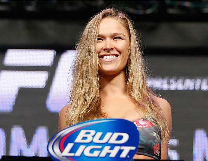 LAS VEGAS, NV - JULY 04: UFC Women's Bantamweight Champion Ronda Rousey weighs in during the UFC 175 weigh-in inside the Mandalay Bay Events Center on July 4, 2014 in Las Vegas, Nevada. (Photo by Josh Hedges/Zuffa LLC/Zuffa LLC via Getty Images)