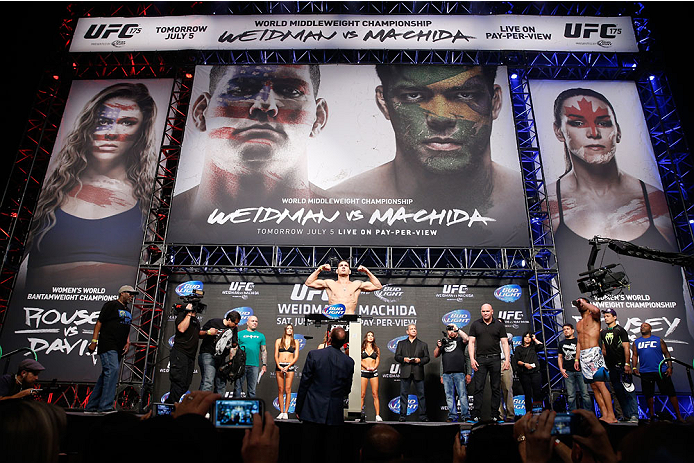 LAS VEGAS, NV - JULY 04: UFC Middleweight Champion Chris Weidman weighs in during the UFC 175 weigh-in inside the Mandalay Bay Events Center on July 4, 2014 in Las Vegas, Nevada. (Photo by Josh Hedges/Zuffa LLC/Zuffa LLC via Getty Images)