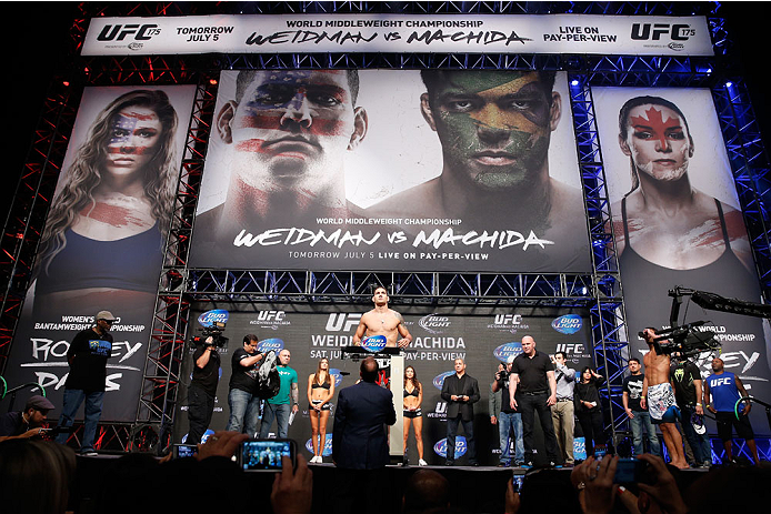 LAS VEGAS, NV - JULY 04: UFC Middleweight Champion Chris Weidman weighs in during the UFC 175 weigh-in inside the Mandalay Bay Events Center on July 4, 2014 in Las Vegas, Nevada. (Photo by Josh Hedges/Zuffa LLC/Zuffa LLC via Getty Images)