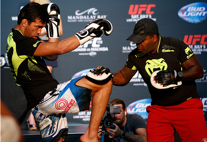 LAS VEGAS, NV - JULY 02: UFC middleweight title challenger Lyoto Machida holds an open training session ahead of UFC 175 at the Fashion Show Mall on July 2, 2014 in Las Vegas, Nevada. (Photo by Josh Hedges/Zuffa LLC/Zuffa LLC via Getty Images)