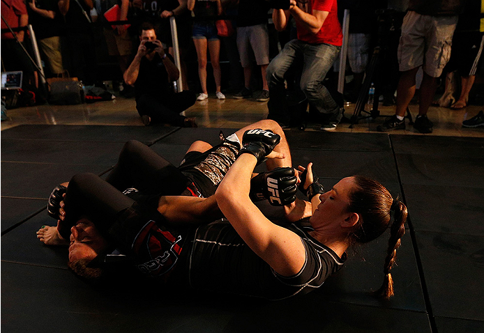 LAS VEGAS, NV - JULY 02: Alexis Davis holds an open training session ahead of UFC 175 at the Fashion Show Mall on July 2, 2014 in Las Vegas, Nevada. (Photo by Josh Hedges/Zuffa LLC/Zuffa LLC via Getty Images)