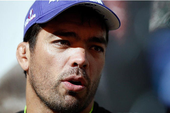 LAS VEGAS, NV - JULY 02: UFC middleweight title challenger Lyoto Machida interacts with media after an open training session ahead of UFC 175 at the Fashion Show Mall on July 2, 2014 in Las Vegas, Nevada. (Photo by Josh Hedges/Zuffa LLC/Zuffa LLC via Ge