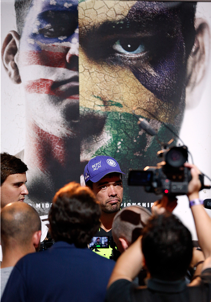 LAS VEGAS, NV - JULY 02: UFC middleweight title challenger Lyoto Machida interacts with media after an open training session ahead of UFC 175 at the Fashion Show Mall on July 2, 2014 in Las Vegas, Nevada. (Photo by Josh Hedges/Zuffa LLC/Zuffa LLC via Ge