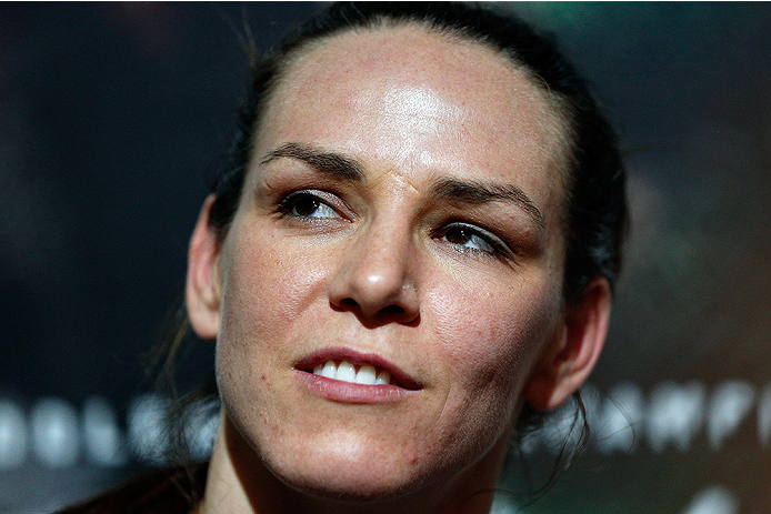 LAS VEGAS, NV - JULY 02: Alexis Davis interacts with media after an open training session ahead of UFC 175 at the Fashion Show Mall on July 2, 2014 in Las Vegas, Nevada. (Photo by Josh Hedges/Zuffa LLC/Zuffa LLC via Getty Images)