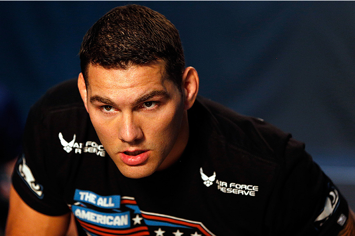 LAS VEGAS, NV - JULY 02: UFC middleweight champion Chris Weidman holds an open training session ahead of UFC 175 at the Fashion Show Mall on July 2, 2014 in Las Vegas, Nevada. (Photo by Josh Hedges/Zuffa LLC/Zuffa LLC via Getty Images)