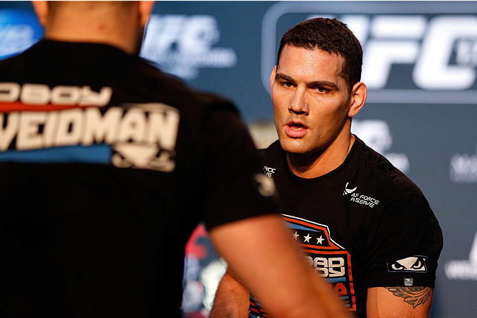 LAS VEGAS, NV - JULY 02: UFC middleweight champion Chris Weidman holds an open training session ahead of UFC 175 at the Fashion Show Mall on July 2, 2014 in Las Vegas, Nevada. (Photo by Josh Hedges/Zuffa LLC/Zuffa LLC via Getty Images)