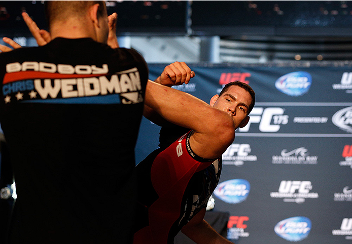 LAS VEGAS, NV - JULY 02: UFC middleweight champion Chris Weidman holds an open training session ahead of UFC 175 at the Fashion Show Mall on July 2, 2014 in Las Vegas, Nevada. (Photo by Josh Hedges/Zuffa LLC/Zuffa LLC via Getty Images)