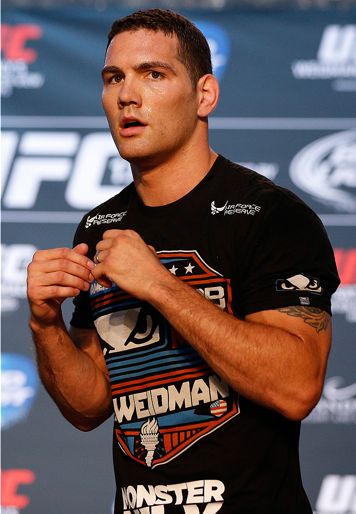 LAS VEGAS, NV - JULY 02: UFC middleweight champion Chris Weidman holds an open training session ahead of UFC 175 at the Fashion Show Mall on July 2, 2014 in Las Vegas, Nevada. (Photo by Josh Hedges/Zuffa LLC/Zuffa LLC via Getty Images)