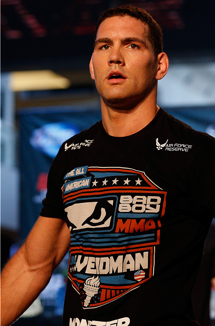 LAS VEGAS, NV - JULY 02: UFC middleweight champion Chris Weidman holds an open training session ahead of UFC 175 at the Fashion Show Mall on July 2, 2014 in Las Vegas, Nevada. (Photo by Josh Hedges/Zuffa LLC/Zuffa LLC via Getty Images)