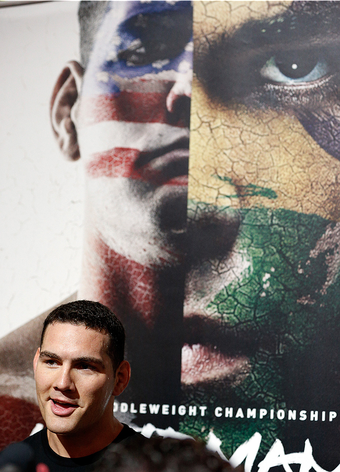 LAS VEGAS, NV - JULY 02: UFC middleweight champion Chris Weidman interacts with media after an open training session ahead of UFC 175 at the Fashion Show Mall on July 2, 2014 in Las Vegas, Nevada. (Photo by Josh Hedges/Zuffa LLC/Zuffa LLC via Getty Imag