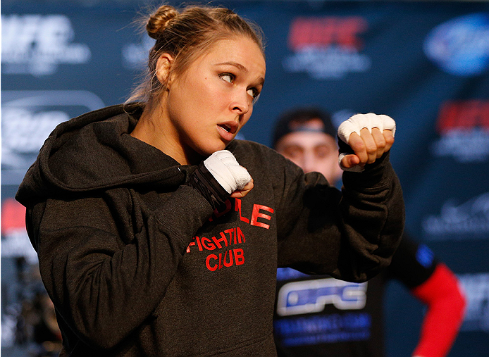 LAS VEGAS, NV - JULY 02: UFC women's bantamweight champion Ronda Rousey holds an open training session ahead of UFC 175 at the Fashion Show Mall on July 2, 2014 in Las Vegas, Nevada. (Photo by Josh Hedges/Zuffa LLC/Zuffa LLC via Getty Images)