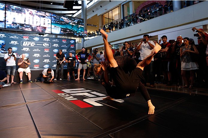LAS VEGAS, NV - JULY 02: UFC women's bantamweight champion Ronda Rousey holds an open training session ahead of UFC 175 at the Fashion Show Mall on July 2, 2014 in Las Vegas, Nevada. (Photo by Josh Hedges/Zuffa LLC/Zuffa LLC via Getty Images)