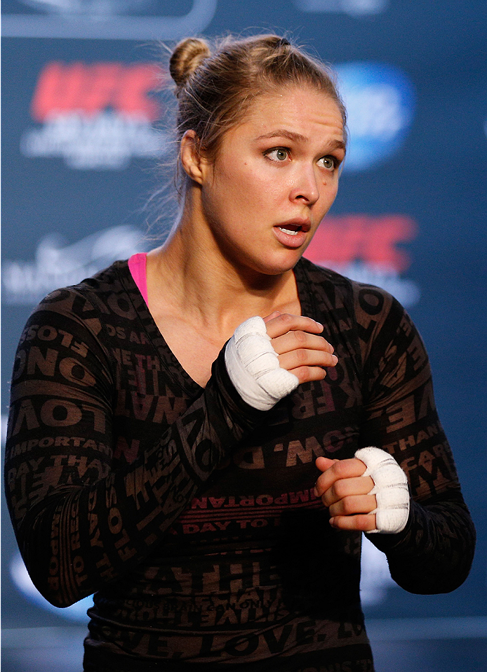 LAS VEGAS, NV - JULY 02: UFC women's bantamweight champion Ronda Rousey holds an open training session ahead of UFC 175 at the Fashion Show Mall on July 2, 2014 in Las Vegas, Nevada. (Photo by Josh Hedges/Zuffa LLC/Zuffa LLC via Getty Images)
