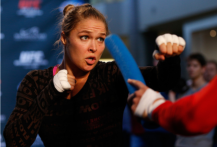 LAS VEGAS, NV - JULY 02: UFC women's bantamweight champion Ronda Rousey holds an open training session ahead of UFC 175 at the Fashion Show Mall on July 2, 2014 in Las Vegas, Nevada. (Photo by Josh Hedges/Zuffa LLC/Zuffa LLC via Getty Images)