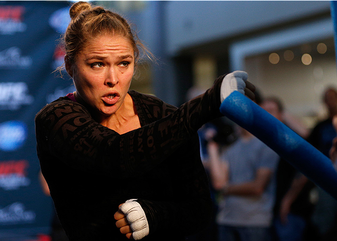 LAS VEGAS, NV - JULY 02: UFC women's bantamweight champion Ronda Rousey holds an open training session ahead of UFC 175 at the Fashion Show Mall on July 2, 2014 in Las Vegas, Nevada. (Photo by Josh Hedges/Zuffa LLC/Zuffa LLC via Getty Images)