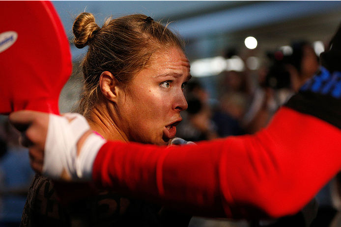 LAS VEGAS, NV - JULY 02: UFC women's bantamweight champion Ronda Rousey holds an open training session ahead of UFC 175 at the Fashion Show Mall on July 2, 2014 in Las Vegas, Nevada. (Photo by Josh Hedges/Zuffa LLC/Zuffa LLC via Getty Images)