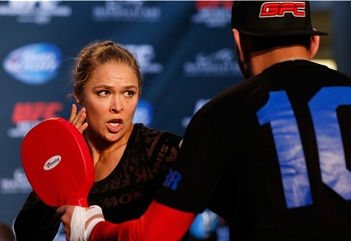 LAS VEGAS, NV - JULY 02: UFC women's bantamweight champion Ronda Rousey holds an open training session ahead of UFC 175 at the Fashion Show Mall on July 2, 2014 in Las Vegas, Nevada. (Photo by Josh Hedges/Zuffa LLC/Zuffa LLC via Getty Images)
