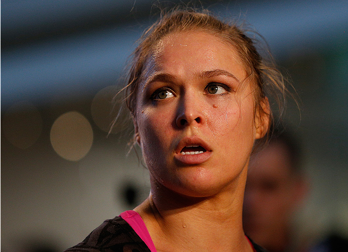 LAS VEGAS, NV - JULY 02: UFC women's bantamweight champion Ronda Rousey holds an open training session ahead of UFC 175 at the Fashion Show Mall on July 2, 2014 in Las Vegas, Nevada. (Photo by Josh Hedges/Zuffa LLC/Zuffa LLC via Getty Images)