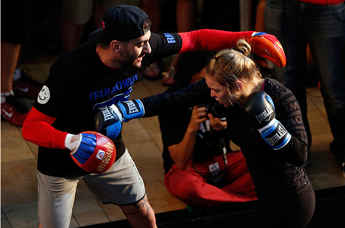 LAS VEGAS, NV - JULY 02: UFC women's bantamweight champion Ronda Rousey holds an open training session ahead of UFC 175 at the Fashion Show Mall on July 2, 2014 in Las Vegas, Nevada. (Photo by Josh Hedges/Zuffa LLC/Zuffa LLC via Getty Images)