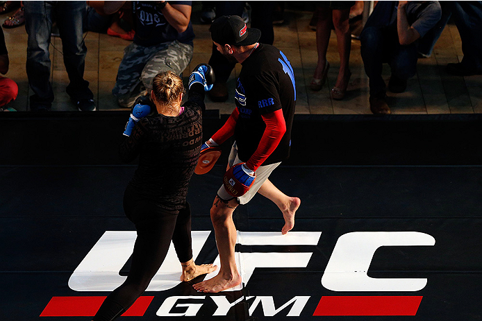 LAS VEGAS, NV - JULY 02: UFC women's bantamweight champion Ronda Rousey holds an open training session ahead of UFC 175 at the Fashion Show Mall on July 2, 2014 in Las Vegas, Nevada. (Photo by Josh Hedges/Zuffa LLC/Zuffa LLC via Getty Images)