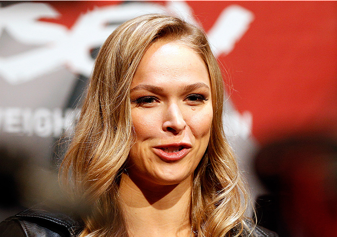 LAS VEGAS, NV - JULY 03: UFC women's bantamweight champion Ronda Rousey interacts with media during the UFC Ultimate Media Day at the Mandalay Bay Resort and Casino on July 3, 2014 in Las Vegas, Nevada. (Photo by Josh Hedges/Zuffa LLC/Zuffa LLC via Gett