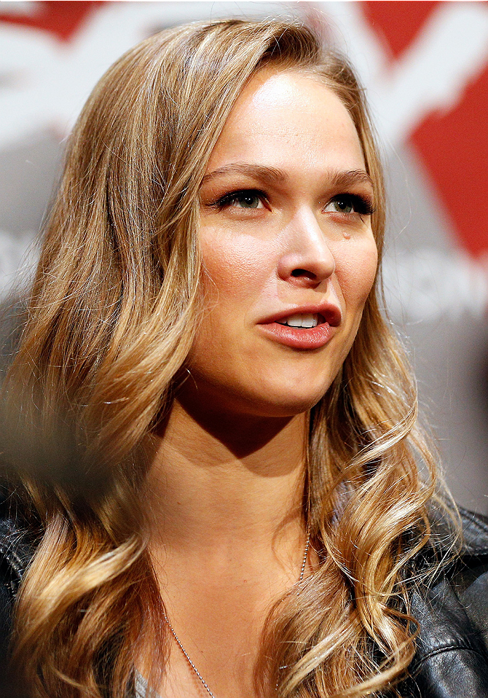 LAS VEGAS, NV - JULY 03: UFC women's bantamweight champion Ronda Rousey interacts with media during the UFC Ultimate Media Day at the Mandalay Bay Resort and Casino on July 3, 2014 in Las Vegas, Nevada. (Photo by Josh Hedges/Zuffa LLC/Zuffa LLC via Gett