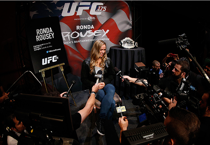 LAS VEGAS, NV - JULY 03: UFC women's bantamweight champion Ronda Rousey interacts with media during the UFC Ultimate Media Day at the Mandalay Bay Resort and Casino on July 3, 2014 in Las Vegas, Nevada. (Photo by Josh Hedges/Zuffa LLC/Zuffa LLC via Gett