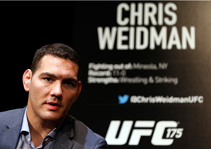 LAS VEGAS, NV - JULY 03: UFC middleweight champion Chris Weidman interacts with media during the UFC Ultimate Media Day at the Mandalay Bay Resort and Casino on July 3, 2014 in Las Vegas, Nevada. (Photo by Josh Hedges/Zuffa LLC/Zuffa LLC via Getty Image