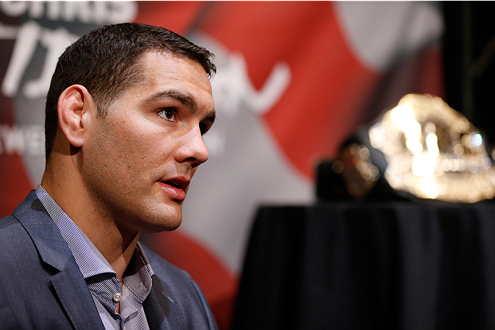 LAS VEGAS, NV - JULY 03: UFC middleweight champion Chris Weidman interacts with media during the UFC Ultimate Media Day at the Mandalay Bay Resort and Casino on July 3, 2014 in Las Vegas, Nevada. (Photo by Josh Hedges/Zuffa LLC/Zuffa LLC via Getty Image