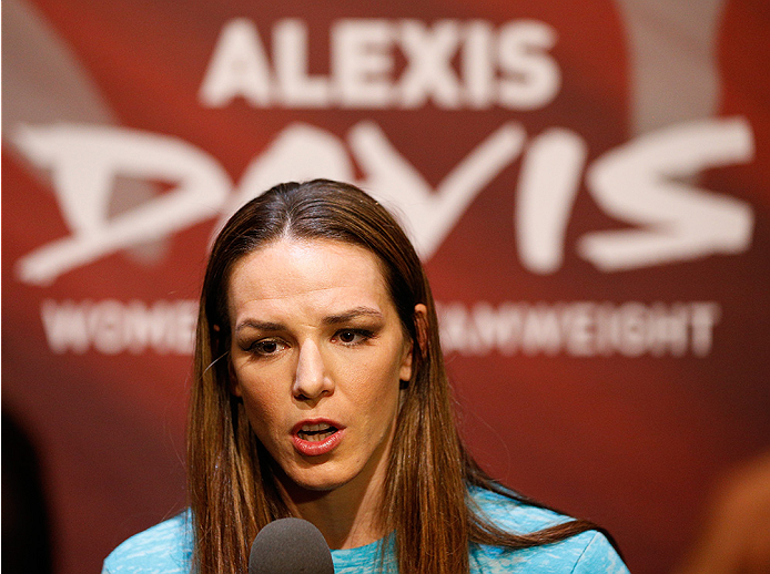 LAS VEGAS, NV - JULY 03: UFC women's bantamweight title challenger Alexis Davis interacts with media during the UFC Ultimate Media Day at the Mandalay Bay Resort and Casino on July 3, 2014 in Las Vegas, Nevada. (Photo by Josh Hedges/Zuffa LLC/Zuffa LLC