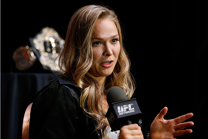 LAS VEGAS, NV - JULY 03: UFC women's bantamweight champion Ronda Rousey interacts with media during the UFC Ultimate Media Day at the Mandalay Bay Resort and Casino on July 3, 2014 in Las Vegas, Nevada. (Photo by Josh Hedges/Zuffa LLC/Zuffa LLC via Gett