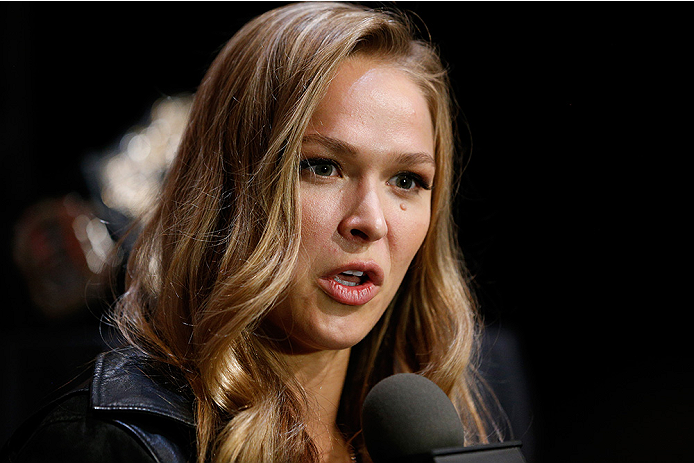 LAS VEGAS, NV - JULY 03: UFC women's bantamweight champion Ronda Rousey interacts with media during the UFC Ultimate Media Day at the Mandalay Bay Resort and Casino on July 3, 2014 in Las Vegas, Nevada. (Photo by Josh Hedges/Zuffa LLC/Zuffa LLC via Gett