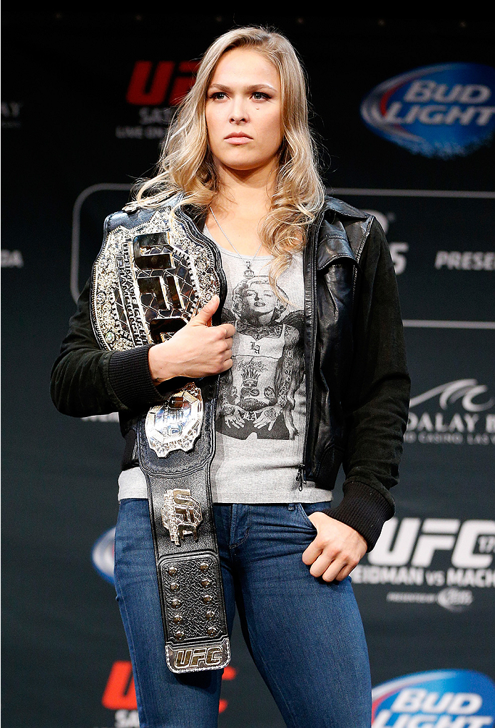LAS VEGAS, NV - JULY 03: UFC women's bantamweight champion Ronda Rousey poses for photos during the UFC Ultimate Media Day at the Mandalay Bay Resort and Casino on July 3, 2014 in Las Vegas, Nevada. (Photo by Josh Hedges/Zuffa LLC/Zuffa LLC via Getty Im