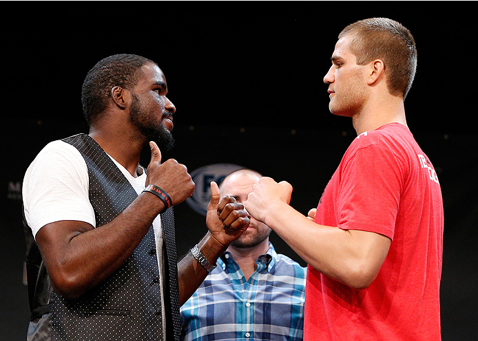 LAS VEGAS, NV - JULY 03: (L-R) Opponents Corey Anderson and Matt Van Buren face off during the UFC Ultimate Media Day at the Mandalay Bay Resort and Casino on July 3, 2014 in Las Vegas, Nevada. (Photo by Josh Hedges/Zuffa LLC/Zuffa LLC via Getty Images)