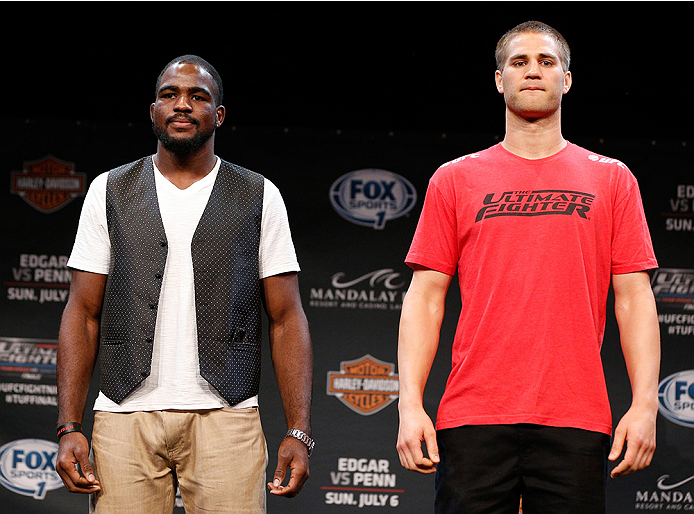 LAS VEGAS, NV - JULY 03: (L-R) Opponents Corey Anderson and Matt Van Buren pose for photos during the UFC Ultimate Media Day at the Mandalay Bay Resort and Casino on July 3, 2014 in Las Vegas, Nevada. (Photo by Josh Hedges/Zuffa LLC/Zuffa LLC via Getty