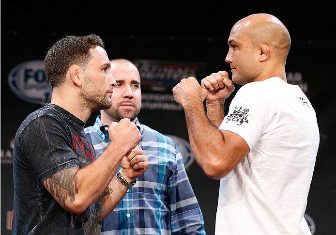 LAS VEGAS, NV - JULY 03: (L-R) Opponents Frankie Edgar and BJ Penn face off during the UFC Ultimate Media Day at the Mandalay Bay Resort and Casino on July 3, 2014 in Las Vegas, Nevada. (Photo by Josh Hedges/Zuffa LLC/Zuffa LLC via Getty Images)