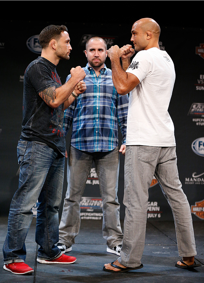 LAS VEGAS, NV - JULY 03: (L-R) Opponents Frankie Edgar and BJ Penn face off during the UFC Ultimate Media Day at the Mandalay Bay Resort and Casino on July 3, 2014 in Las Vegas, Nevada. (Photo by Josh Hedges/Zuffa LLC/Zuffa LLC via Getty Images)