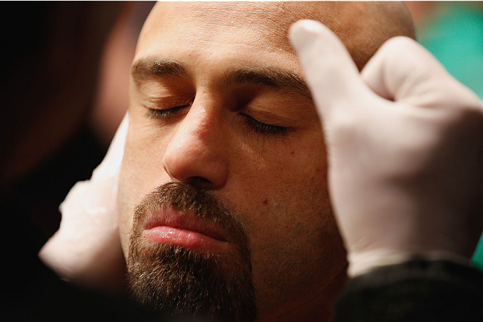 LAS VEGAS, NV - SEPTEMBER 27: Manvel Gamburyan prepares to enter the Octagon before facing Cody Gibson in their bantamweight fight during the UFC 178 event inside the MGM Grand Garden Arena on September 27, 2014 in Las Vegas, Nevada. (Photo by Josh Hedg