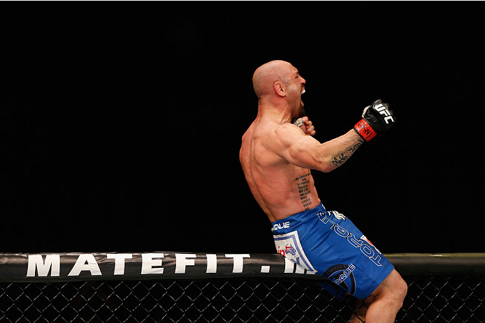 LAS VEGAS, NV - SEPTEMBER 27: Manval Gamburyan celebrates his submission victory over Cody Gibson in their bantamweight fight during the UFC 178 event inside the MGM Grand Garden Arena on September 27, 2014 in Las Vegas, Nevada. (Photo by Josh Hedges/Zu