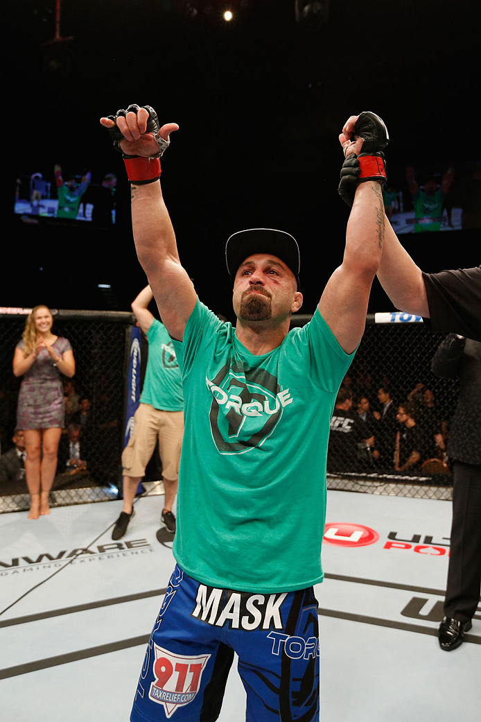 LAS VEGAS, NV - SEPTEMBER 27: Manval Gamburyan celebrates his submission victory over Cody Gibson in their bantamweight fight during the UFC 178 event inside the MGM Grand Garden Arena on September 27, 2014 in Las Vegas, Nevada. (Photo by Josh Hedges/Zu