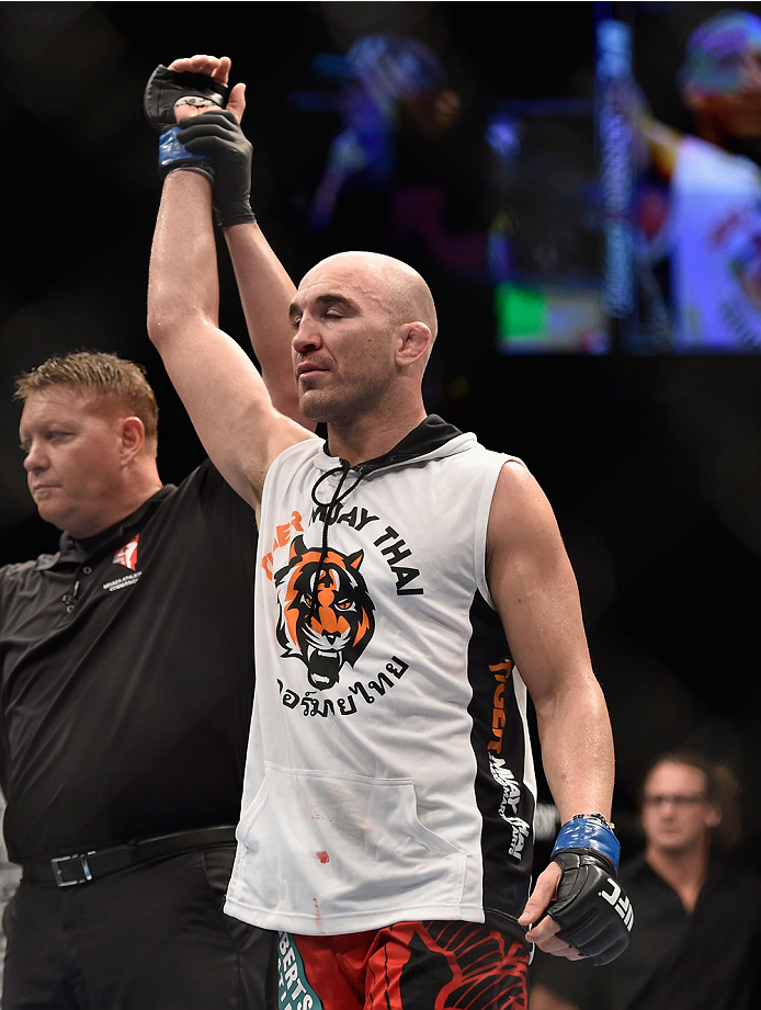 LAS VEGAS, NV - SEPTEMBER 27: Brian Ebersole celebrates his win over John Howard after their welterweight fight during the UFC 178 event inside the MGM Grand Garden Arena on September 27, 2014 in Las Vegas, Nevada. (Photo by Jeff Bottari/Zuffa LLC/Zuffa