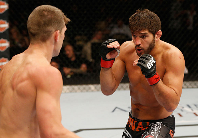 LAS VEGAS, NV - SEPTEMBER 27: (R-L) Patrick Cote squares off with Stephen Thompson in their welterweight fight during the UFC 178 event inside the MGM Grand Garden Arena on September 27, 2014 in Las Vegas, Nevada. (Photo by Josh Hedges/Zuffa LLC/Zuffa L