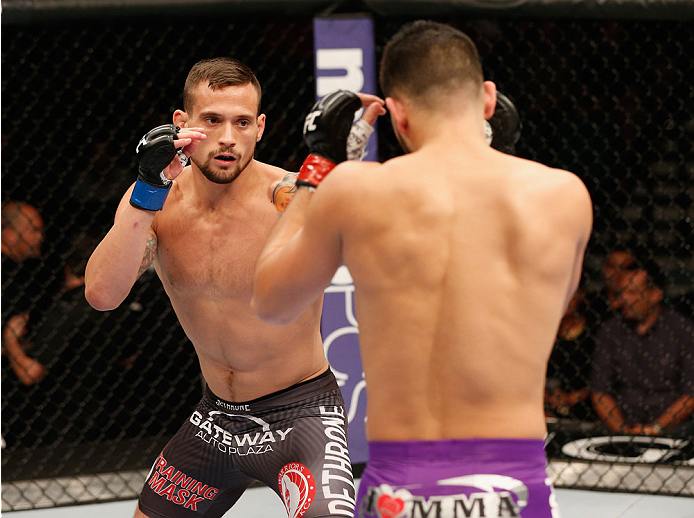 LAS VEGAS, NV - SEPTEMBER 27: (L-R) James Krause squares off with Jorge Masvidal in their lightweight fight during the UFC 178 event inside the MGM Grand Garden Arena on September 27, 2014 in Las Vegas, Nevada. (Photo by Josh Hedges/Zuffa LLC/Zuffa LLC