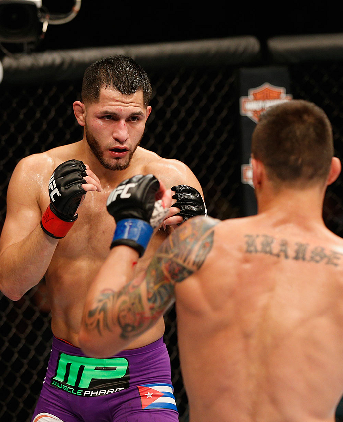 LAS VEGAS, NV - SEPTEMBER 27: (L-R) Jorge Masvidal squares off with James Krause in their lightweight fight during the UFC 178 event inside the MGM Grand Garden Arena on September 27, 2014 in Las Vegas, Nevada. (Photo by Josh Hedges/Zuffa LLC/Zuffa LLC