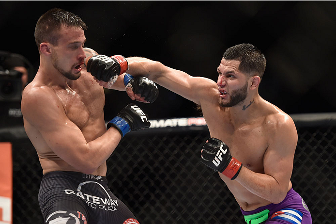 LAS VEGAS, NV - SEPTEMBER 27: (L-R) Jorge Masvidal punches James Krause in their lightweight fight during the UFC 178 event inside the MGM Grand Garden Arena on September 27, 2014 in Las Vegas, Nevada. (Photo by Jeff Bottari/Zuffa LLC/Zuffa LLC via Gett