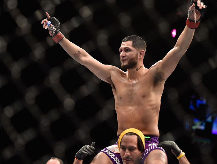 LAS VEGAS, NV - SEPTEMBER 27: Jorge Masvidal celebrates his win over James Krause in their lightweight fight during the UFC 178 event inside the MGM Grand Garden Arena on September 27, 2014 in Las Vegas, Nevada. (Photo by Jeff Bottari/Zuffa LLC/Zuffa LL